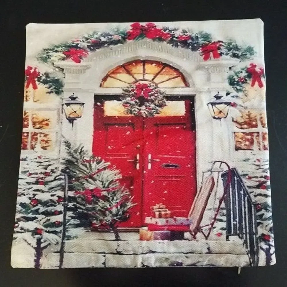Red Christmas Door Accent Throw Pillow Cover Case Winter House 17